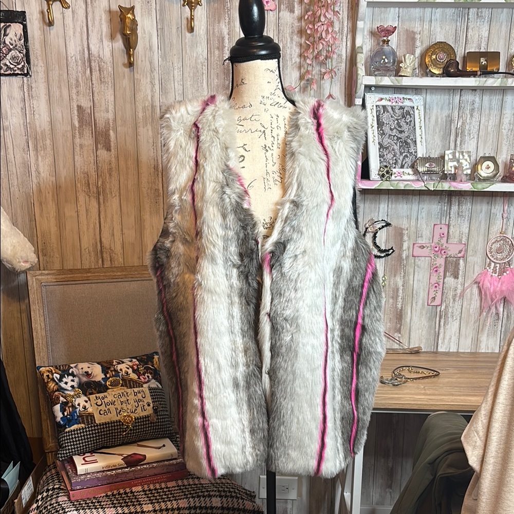 Buffalo David Bitton Faux Fur Vest with Pink Stripes NWT